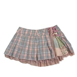Current Mood Pink and Blue Plaid Mini Skirt with Patchwork Detail
